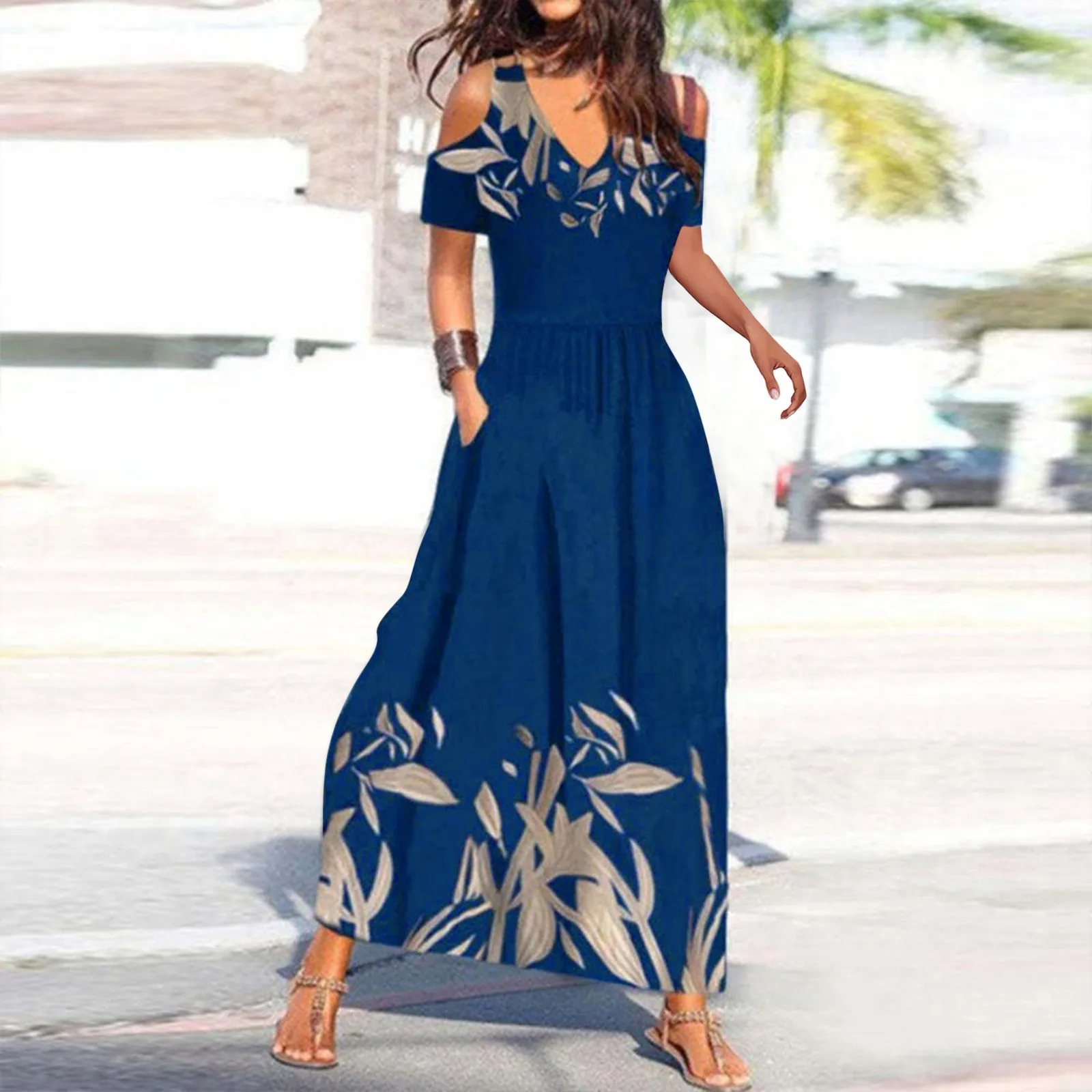 

Dress For Women Fashion Casual V Neck Cold Shoulder Sleeve Floral Print Sling Dress With Packet Casual Long Maxi Dress