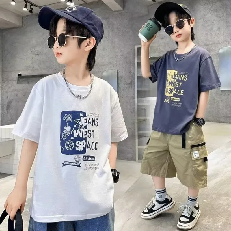 

Children's Laid-back Summer Trend T-shirt Fashion Simple Straight New Popular Men's Crewneck Ins Five-point Sleeves