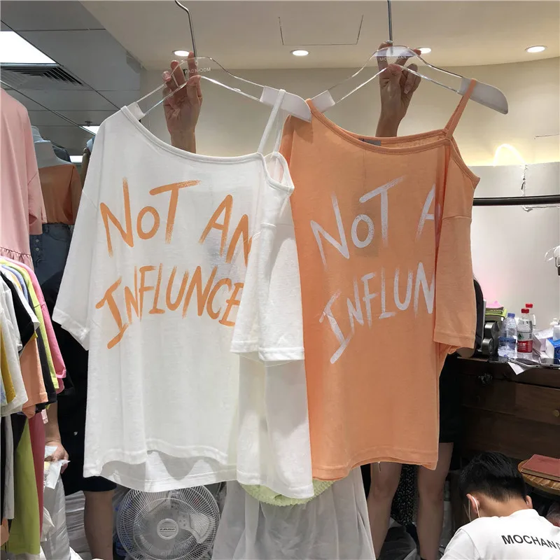

Short sleeve women sexy T shirt 2022 summer New Korean INS fashion niche design sense sling shoulder loose thin y2k top