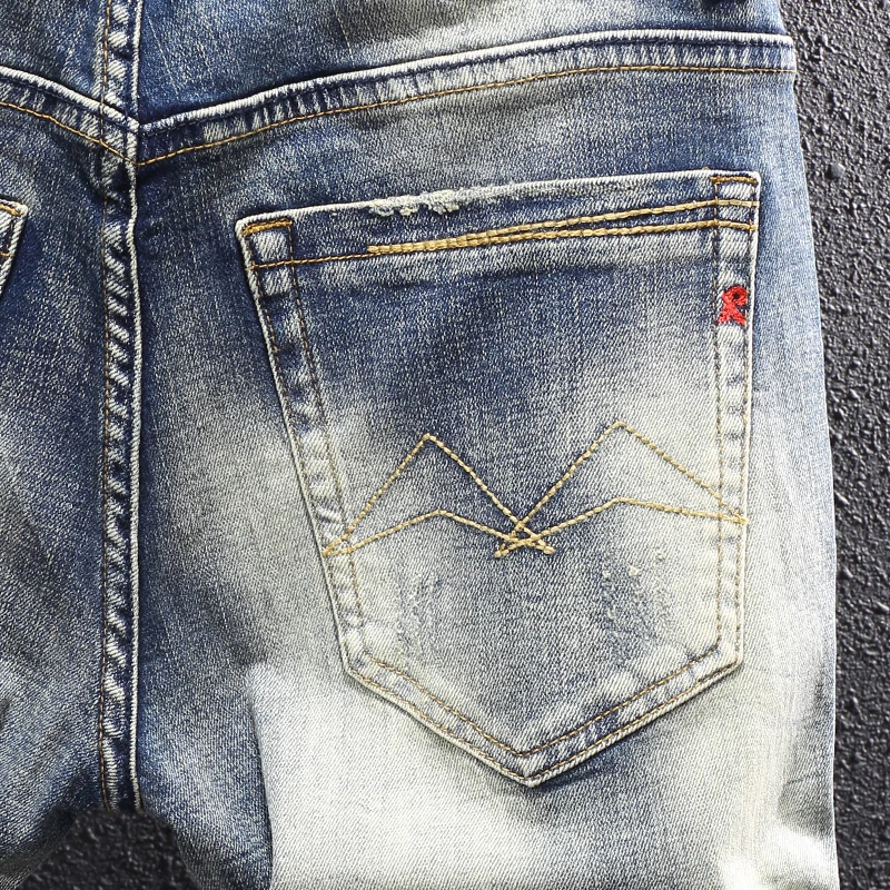 Newly Designer Fashion Men Jeans Retro Blue Elastic Stretch Slim Ripped Jeans Men Patchwork Vintage Casual Denim Pants Hombre