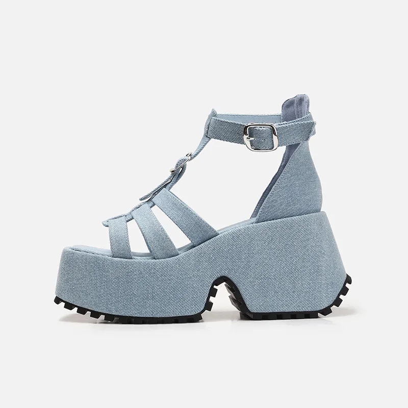

2023 Summer Design Blue Denim Platform Sandals Women Casual Ladies Roma Sandals Trendy Women's Shoes