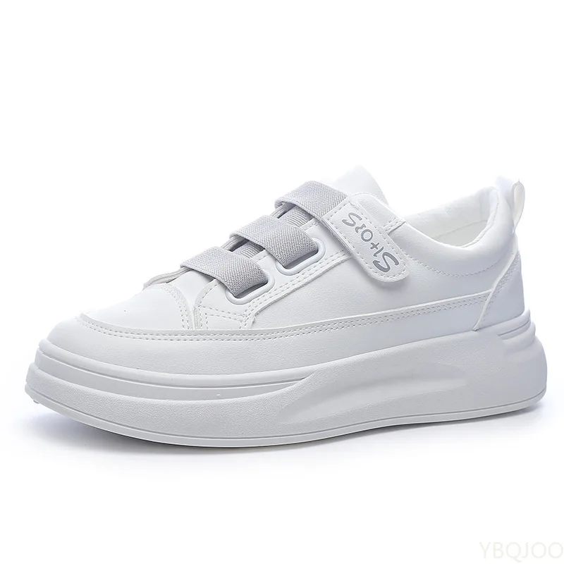 

Женские кроссовки из ПУ кожи, белые мягкие удобные кроссовки на платформе, на плоской вулканизированной подошве, с застежкой-липучкой, повс...