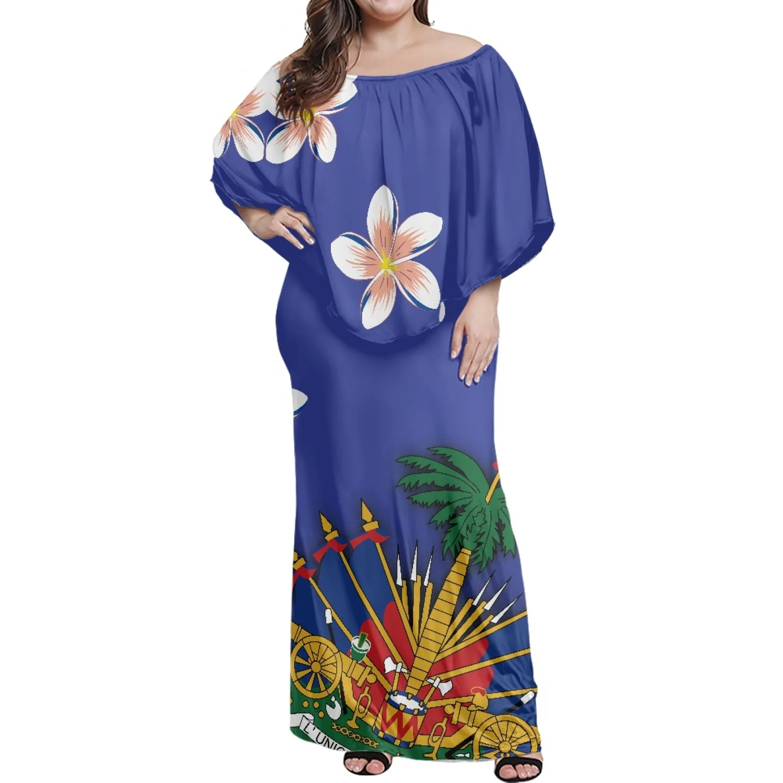 

Luxury Design Polynesian Samoan Tattoo Female Dress Customized On Demand Female Frill Off Shoulder Dress Big Size Lady Dress