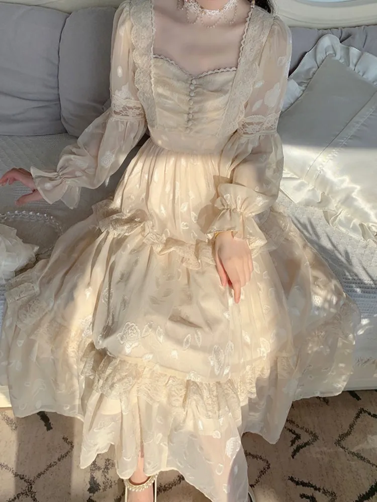 

Vintage Fairy Dress Women Sweet Ruffles High Waist Elegant Princess Dress Female 2023 Spring Casual Classy Party Dress New Dress