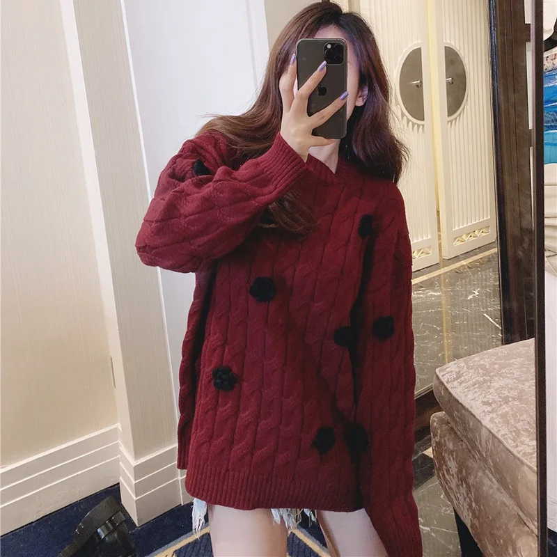 

Floral Patchwork Knitted Fabric Women Pullovers Sweater Casual Oversized Thick Warm Twist Knit Top Lazy Oaf Jumpers
