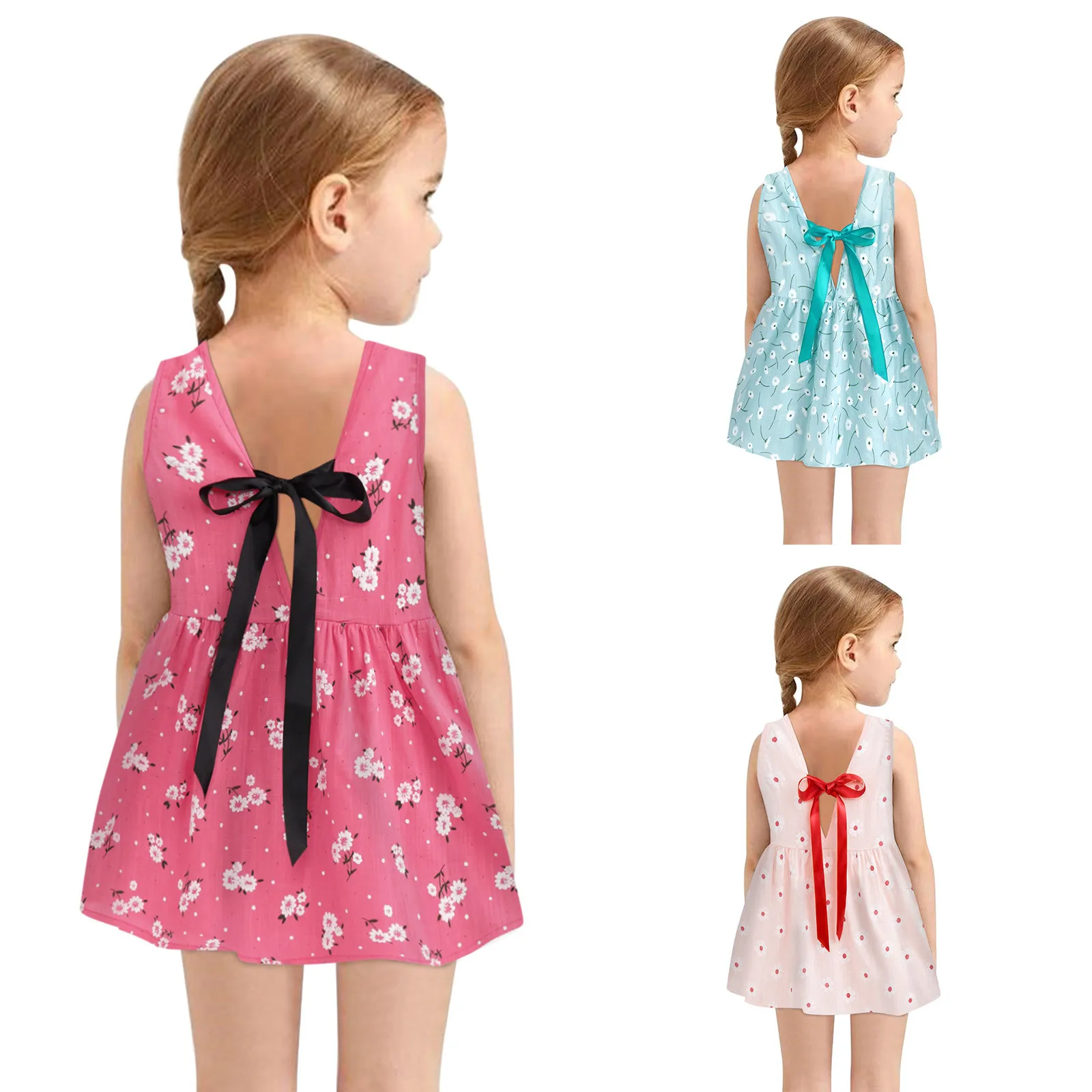

2023 Summer Girls Clothes 6M-6Y Toddler Baby Kids Girls Dress Sleeveless Fashion Printed Backless Bowknot Princess Dress Clothes