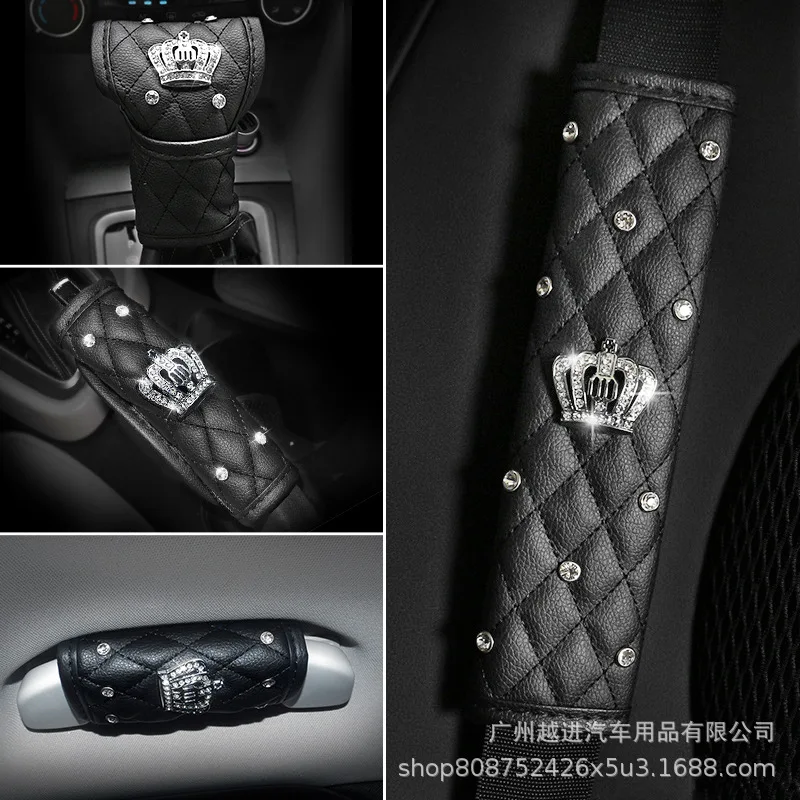 

Fashion Diamond Crown Crystal Car Seat Belt Pad Rhinestones Leather Gear Shifter Cover Handbrake Set car Interior Accessories