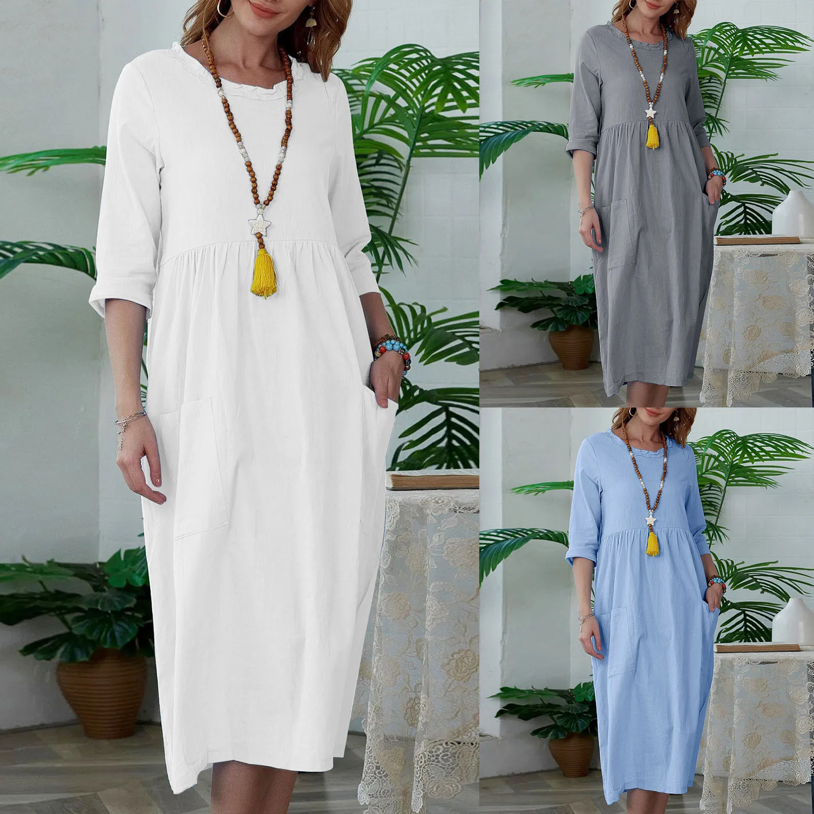 

Женское хлопковое льняное Свободное длинное платье макси с круглым вырезом и длинным рукавом-фонариком, однотонное платье средней длины с круглым вырезом