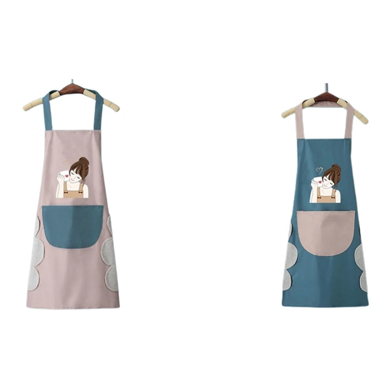 

2X Kitchen Wipeable Waterproof Oil-Proof Girl Kitchen Nail Shop Apron For Women Baking Accessories Pink & Blue