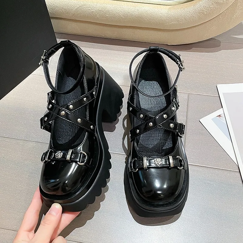 

Punk Style Thick Heeled Shoes Women Pumps Black Leather Shoes Lolita Casual Elegant Chunky High Heels Shoes Ladies 2023 Autumn