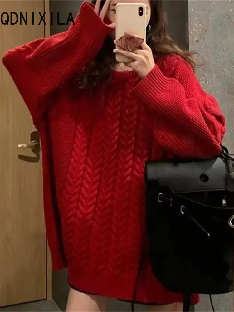 

Knitwear Sweater Women 2023 Autumn Winter New Round Neck Solid Color Pullover Sweater Female Casual Loose Knit Long Sleeve Top