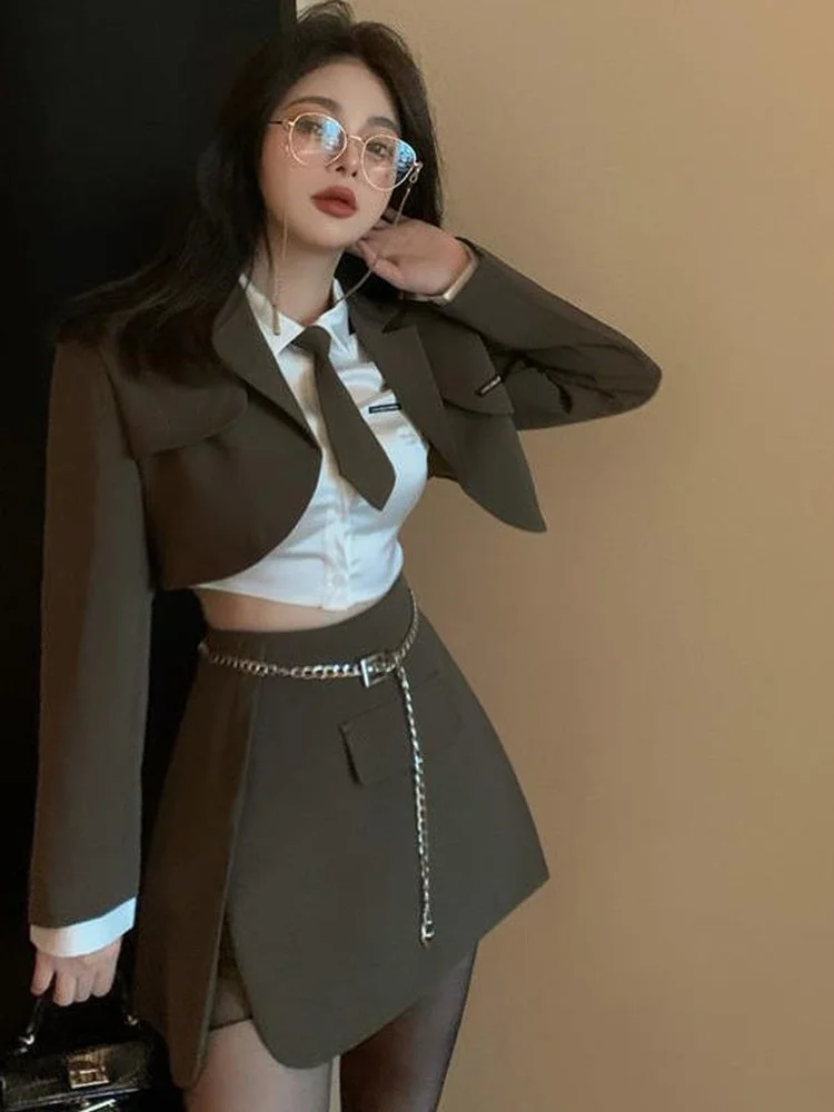 Женский костюм блейзер + юбка рубашка комплект из 3 предметов коричневые