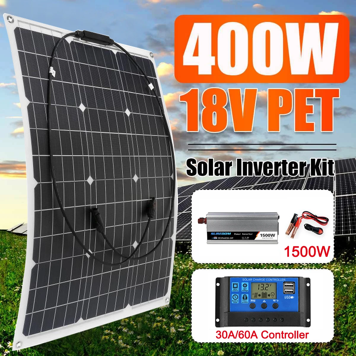 

220V Solar Power System 400W Solar Panel Battery Charger 220V/1500W Inverter Kit Complete Controller Home Grid Camp Phone PAD