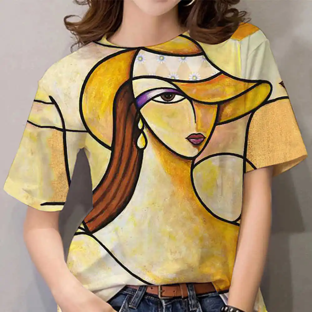 

2023 Summer Casual Oversized Printed Shirt Top O-Neck T-shirt Women's Loose Retro T-shirt Street Dress Y2K Casual Short Sleeve