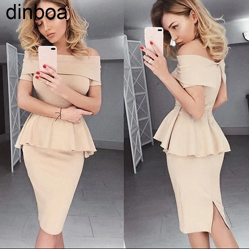 

Chic and Elegant Woman Dress Elegant Sexy Slash Neck Package Hip Ruffles Dress Fromal Ol Office Work Sheath Solid Sexy Dress