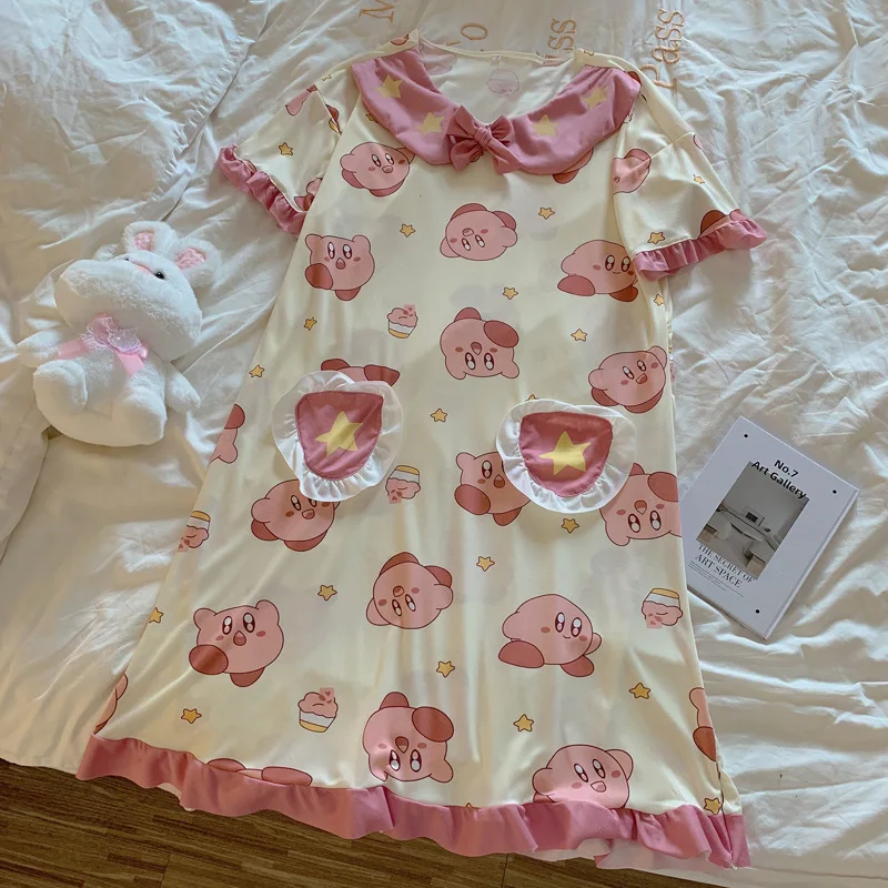 

Kawaii Kirby Pajamas Cartoon Imitation Cotton Summer New Nightdress Women's Short-Sleeved Sweet Cute Girl Pajamas Home Clothes