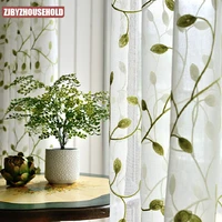 green half blackout curtains for bedroom tulle curtain embroidered leaves polyester linen curtains drapes for living room