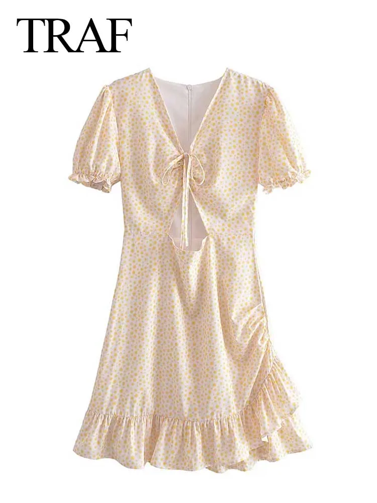 

TRAF Summer Women's Dress Print Yellow Polka Dot V-neck Puff Sleeves Lace Up Hollow Sexy Slim Double Layer Ruffle Hem Dress