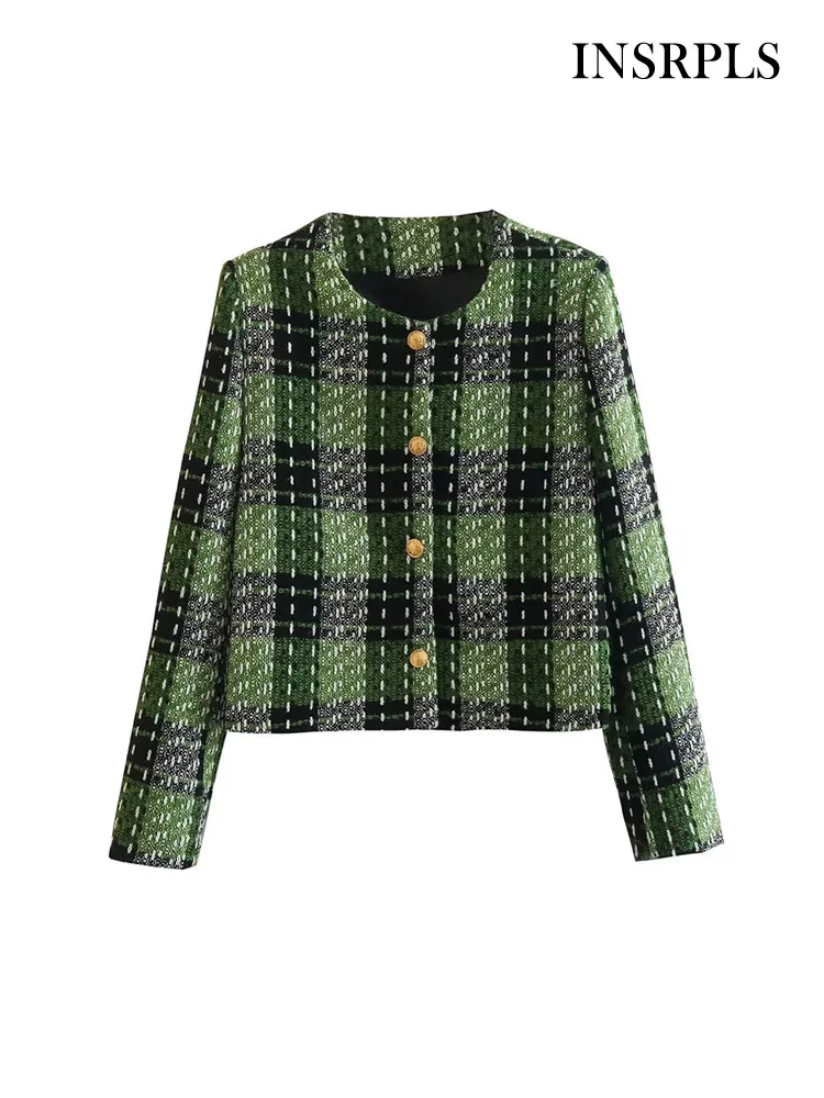 

INSRPLS Women Fashion Tweed Front Button Cropped Jacket Coat Vintage O Neck Long Sleeve Female Outerwear Chic Tops