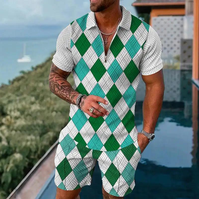 

Fashion Men Grid 3D Polo Shirt Set 2 Piece Suit Casual Tracksuits Business Outfits Summer Short Sleeve Male Fitness Clothes