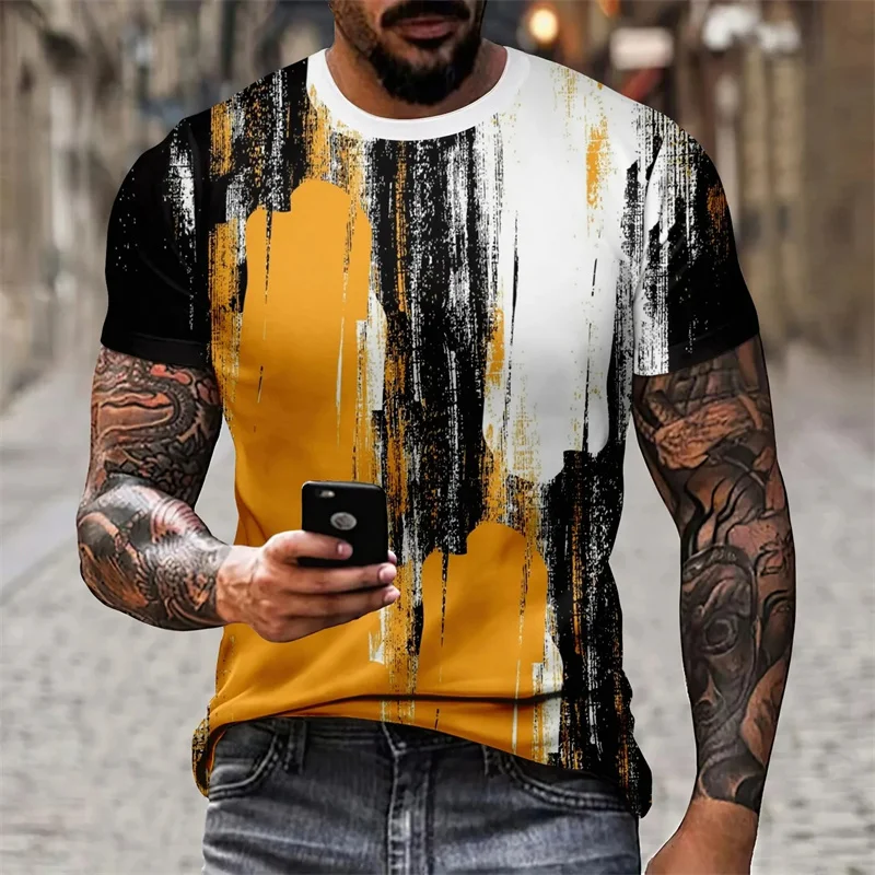 3D Print Retro Spliced T-Shirt Men's Colorful Irregular Plaid Pattern Tees Short Sleeve T-Shirts Oversized Round Neck Loose Tops