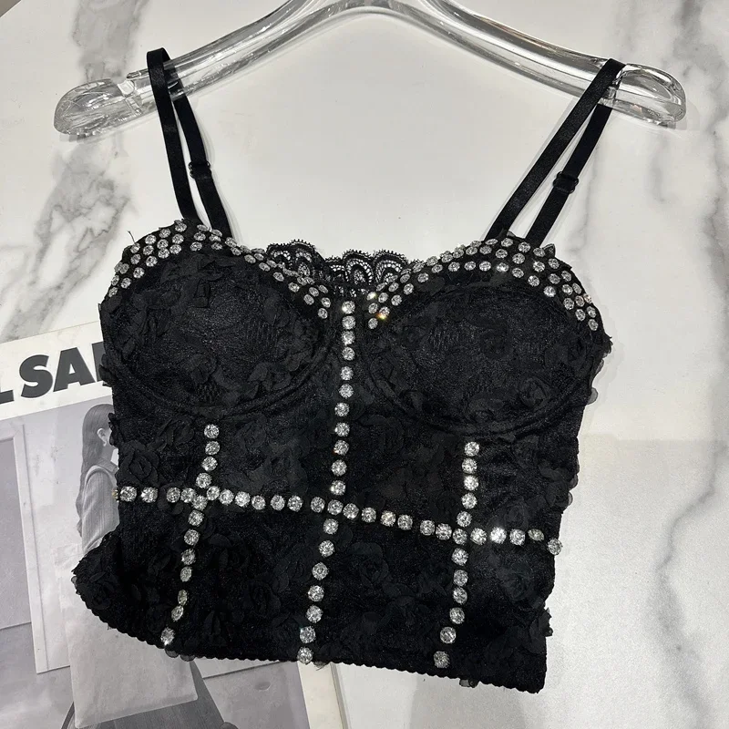 

All Season 2023 New Fashion Women's Spaghetti Strap Heavy Industry Big Diamonds Lace Bra Casual Short Top Black White Camis