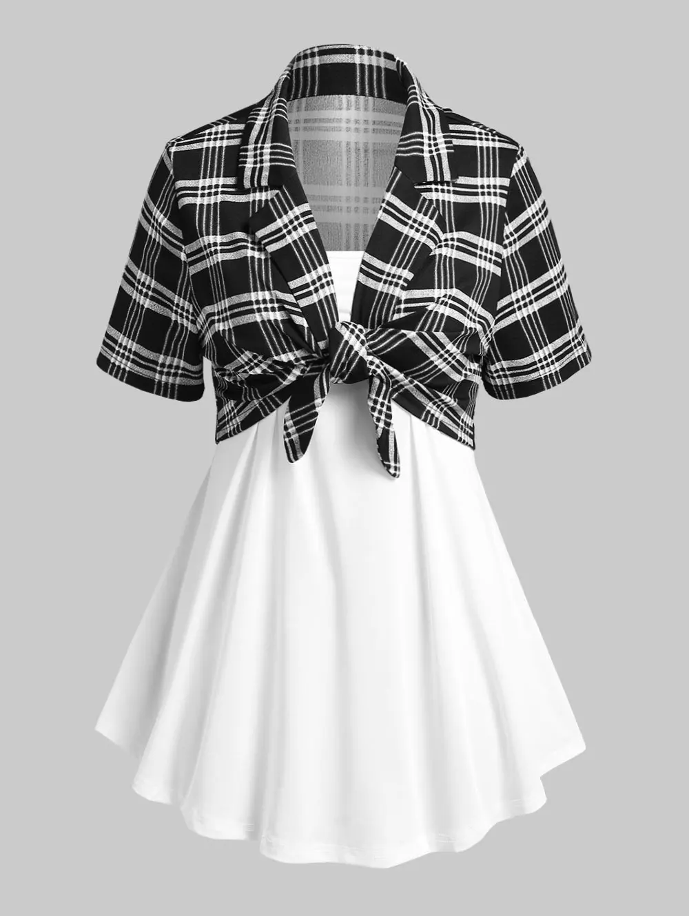 

ROSEGAL Plus Size Women's Tops Set Lapel Front Tie Plaid Tee With Camisole Ladies Spring Summer Fashion Blouse,Vest Twinset 4XL