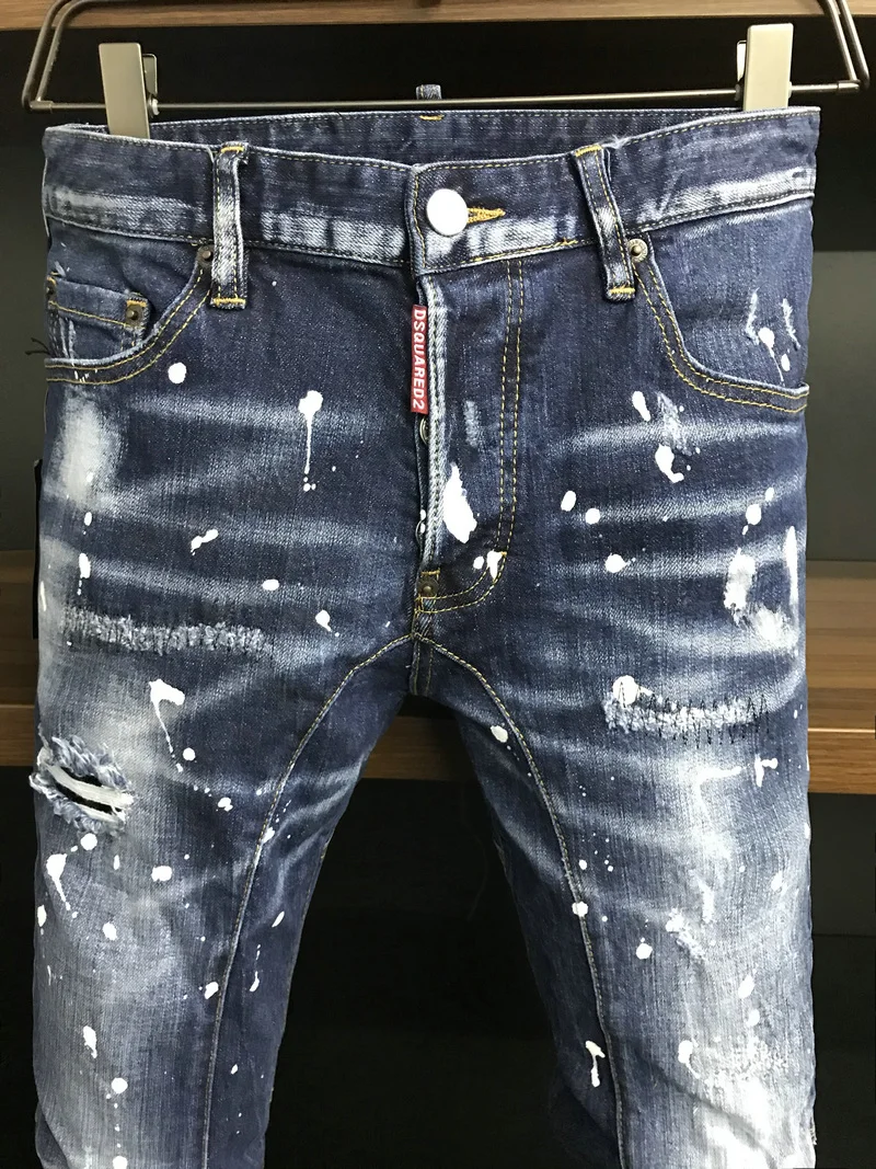 New Men's Dsquared2 Buttons Jeans Ripped For Male Skinny  Pants Men's Denim Trousers Top Quality Slim Jeans A505