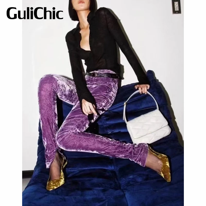 10.15 GuliChic Women Temperament Soft Comfortable Slim Purple Velvet Pencil Pants Zipper Split Hem Without Belt