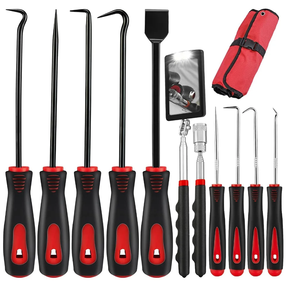 

11Pcs Long Hook & Pick Kit, Automotive Pick Tool Set with Inspection Mirror & Magnetic Telescoping Tool- Precision Scraper