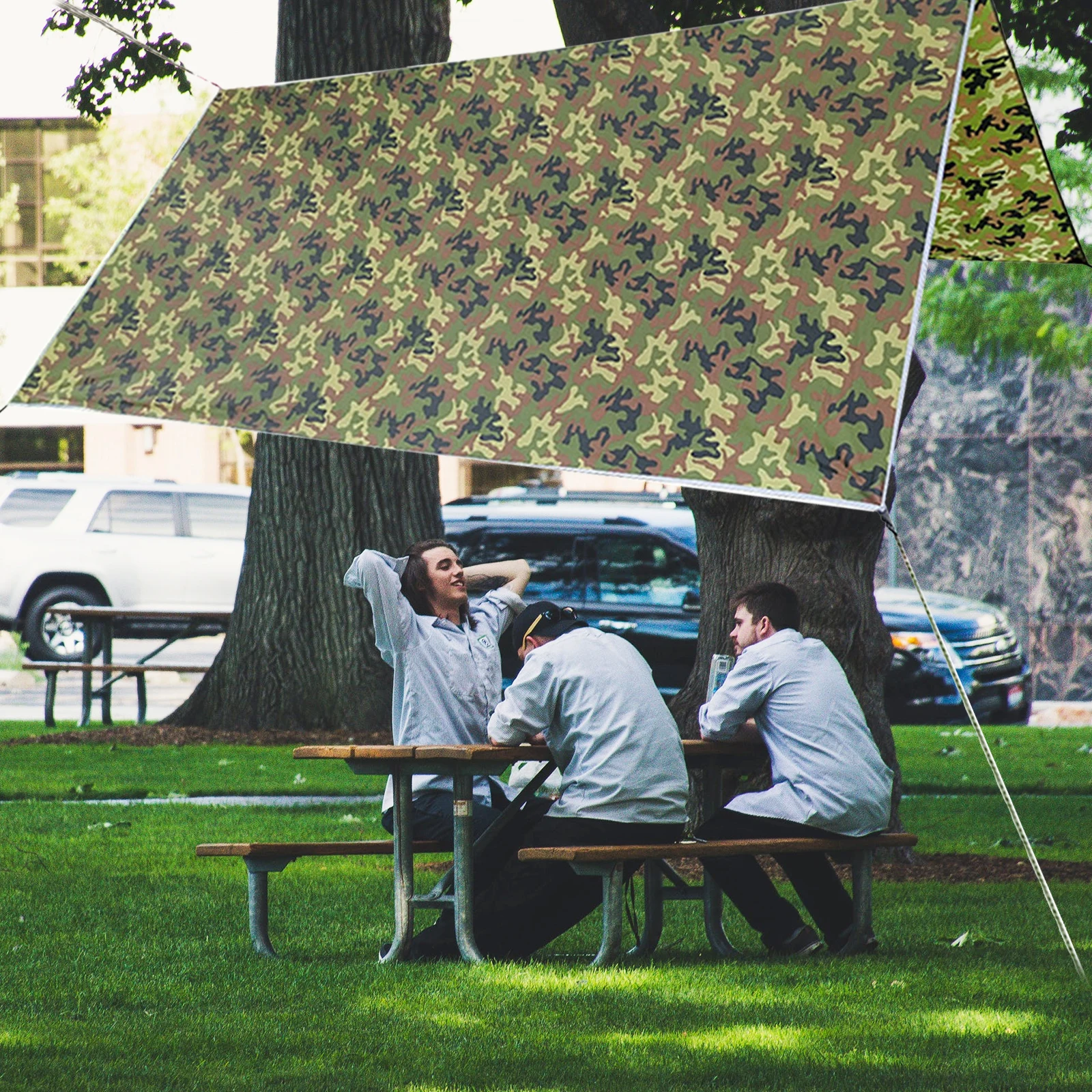 НАКРЫТИЕ ДЛЯ ПАЛАТКИ, ПАРУСА, ТЕНТА CAMOUFLAGE, ВОДОНЕПРОНИЦАЕМОЕ, УСТОЙЧИВОЕ К УФ-ЛУЧАМ, С ЗАКОЛКАМИ, ВЕРВКОЙ, С БАГАЖНИКОМ ДЛЯ ХРАНЕНИЯ.