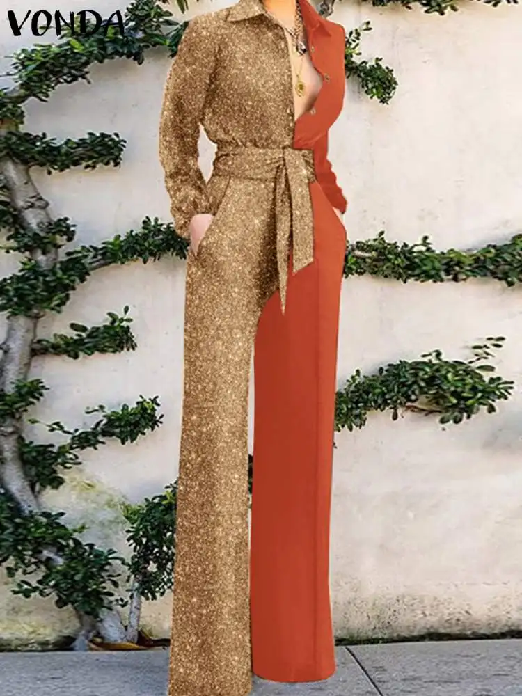 

Elegant Jumpsuits 2023 Fashion Rompers Wide Leg Pants VONDA Women Long Sleeve Patchwork Party Playsuits Button Casual Overalls