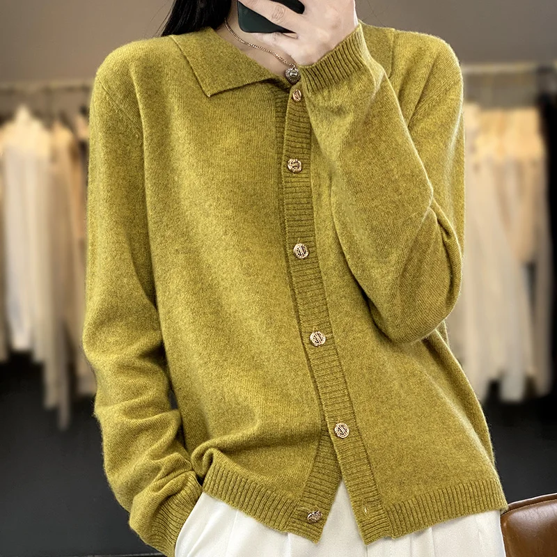 

2023 Hot Sale Women 100% Wool Female Elasticity Knitted Cardigans New Turn-down Collar Women Tops Spring Autumn