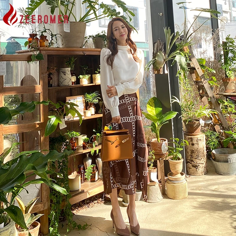 

2023 Autumn Fashion Temperament 2 Piece Set Women Stand Collar Long Sleeve White Shirt Top + High Waist Print Mid length Skirt