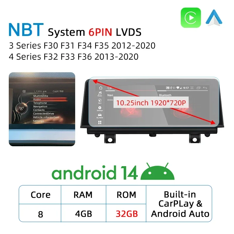 

10,25-дюймовый Android 14 CarPlay для BMW 3 серии F30 F31 F34 F35 2012-2020 GPS Мультимедийный плеер Навигация Авто Радио Стерео DSP