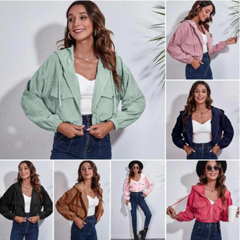 

2023 New Women's Hooded Corduroy Jacket Fall/Winter Loose Shoulder Long Sleeve Street Fashion Wear Beauty Color Black Short Coat