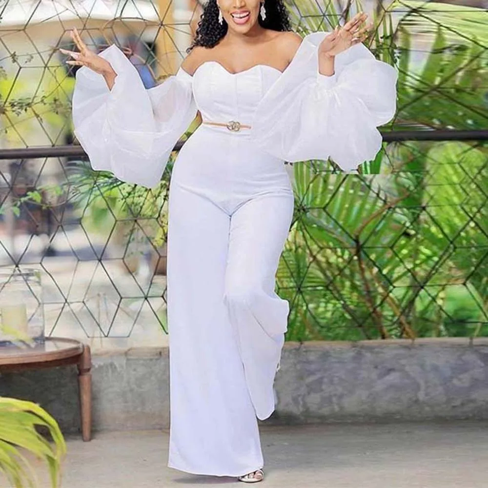 

Jumpsuit Women White Sexy Off-the-shoulder Tube Top Bloomer Sleeves High-waisted Wide-leg Pants No Belt Africa Summer 2022 Party