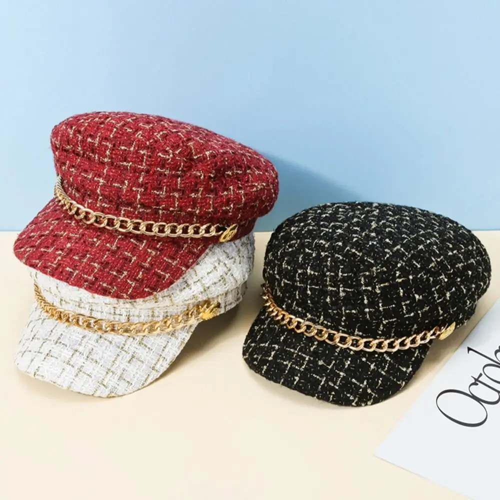 

Vintage For Female Keep Warm Artist Hat Metal Chain For Girls Women Visors Cap Painter Hat Plaid Beret Octagonal Cap