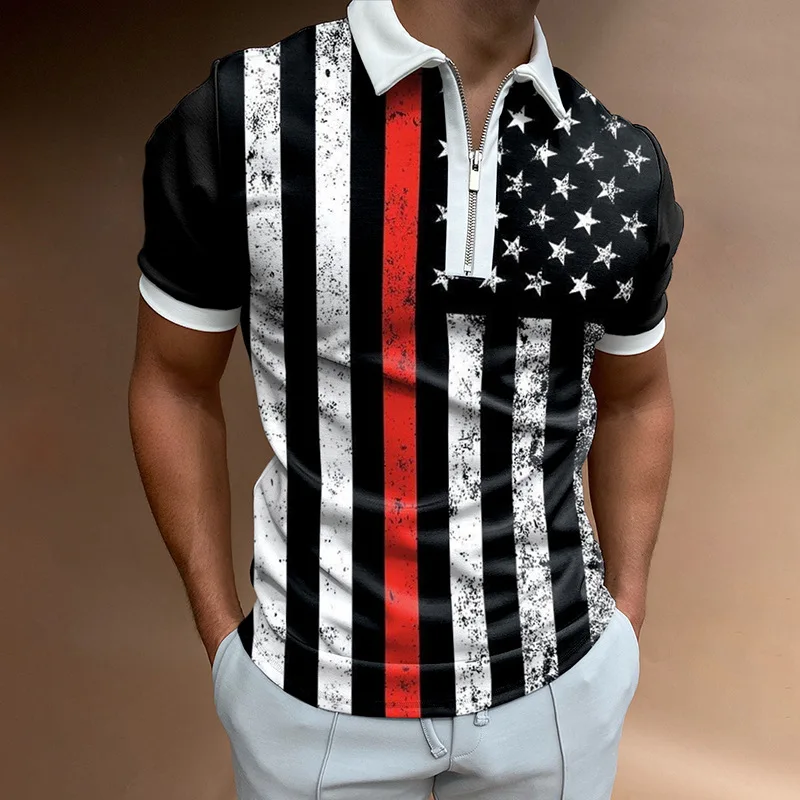 

Men's POLO shirt lapel casual short sleeve khaki stripe 3D printed shirt tops outdoor daily T-shirt S-3XL in summer
