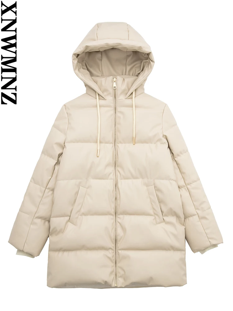 XNWMNZ Women Fashion Faux Leather PU Thick Thermal Padded Clothes Hooded Long Sleeve Zipper Female Chic Warm Jacket Outerwear