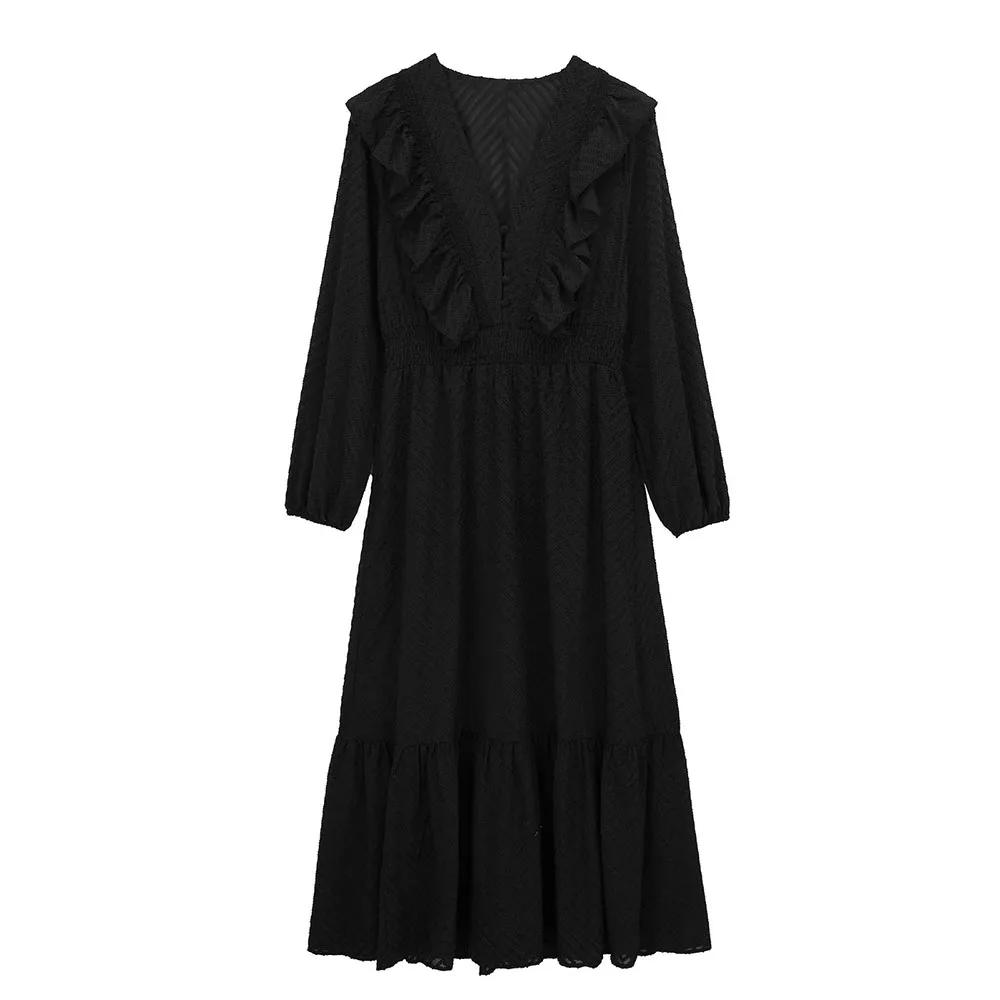 

Autumn and Winter New Fashion Women's Retro Sweet Versatile V-Neck Long Sleeve Black Tulle Lace Decoration Midi Dress