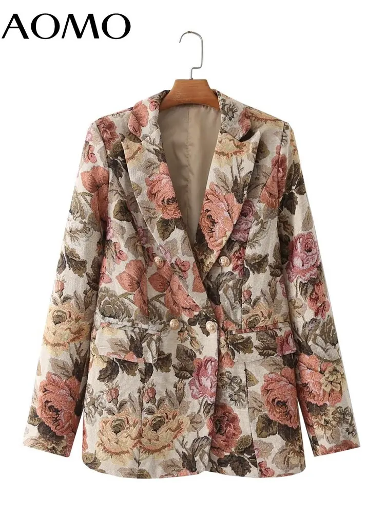 

AOMO Women 2022 Flower Jaquard Blazer Coat Vintage Long Sleeve Female Outerwear DA41A