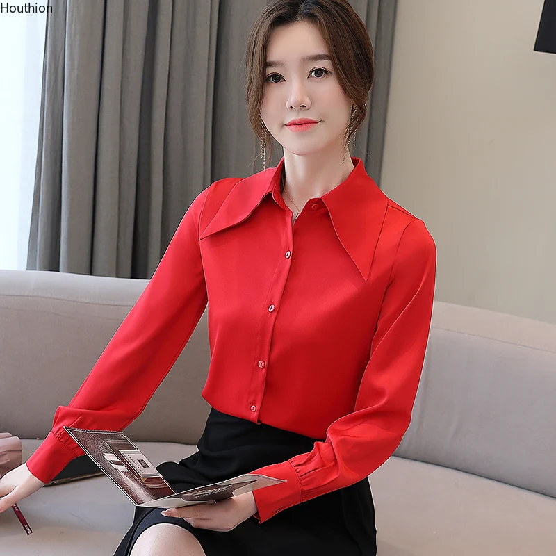 

Houthion Новый поплиновый Топ с длинным рукавом Женская блузка с лацканами однотонная 2021 Корейская свободная удобная модная повседневная руба...