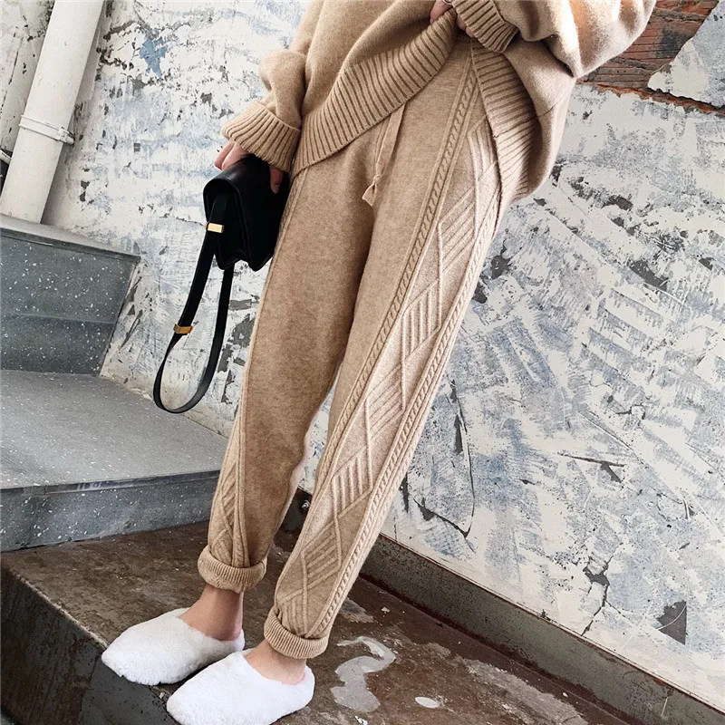 

Winter Thicken Women Harem Pants Casual Drawstring Twisted Knitted Pants Femme Chic Warm Female Sweater Trousers 2022