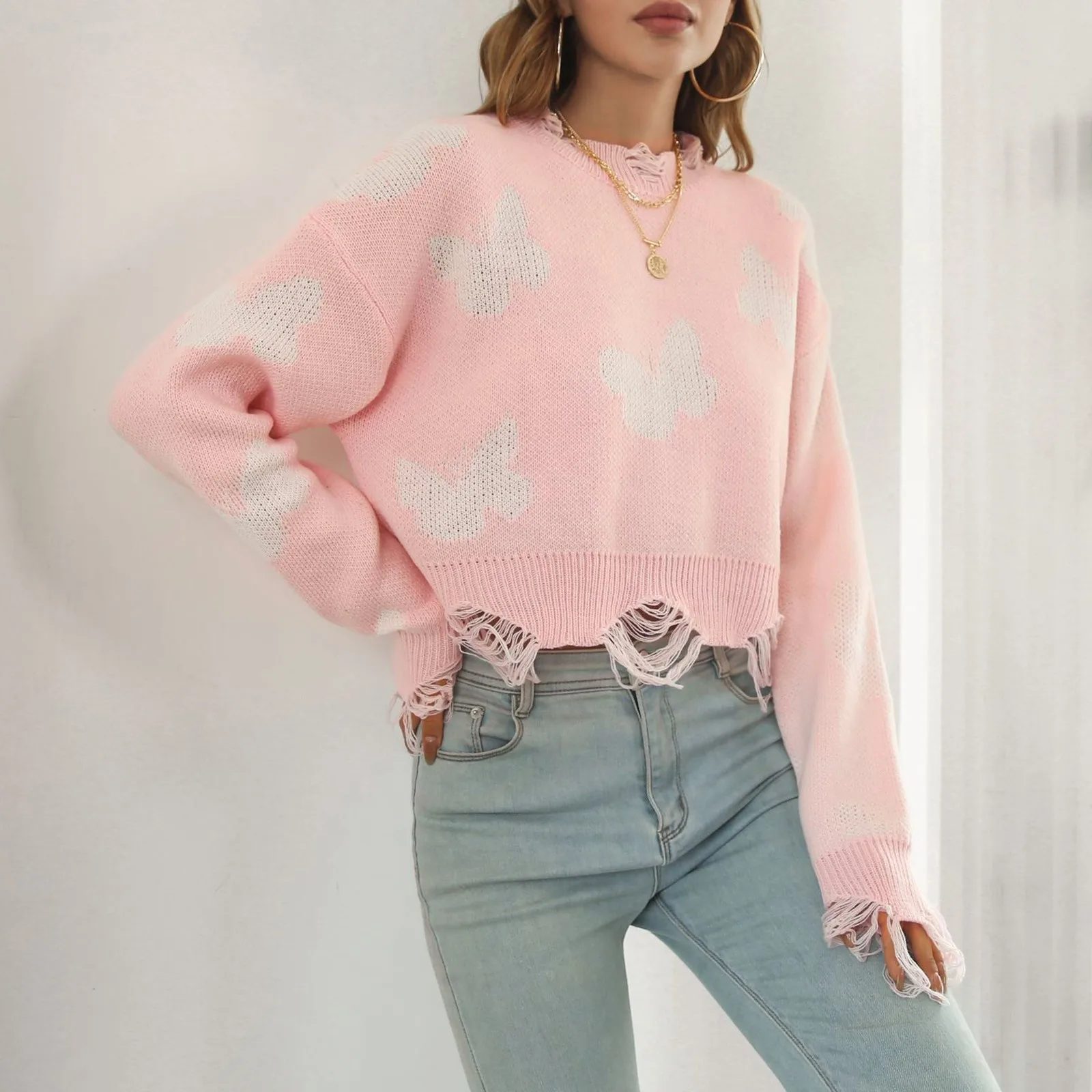 

Women Loose Knitted Sweater Long Sleeve Butterfly Jacquard Ripped Pullover Sweaters Ladies Sexy Crop Top Knit Jumper Tops