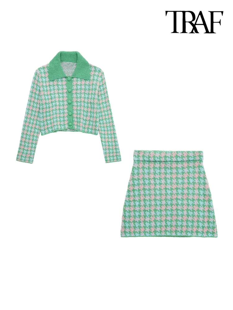 

TRAF Women Fashion Cropped Houndstooth Knit Cardigan Sweater And High Elastic Waist Mini Skirt Female Two Piece Sets Mujer