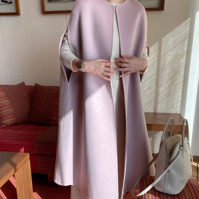 

[EWQ] Female Woolen Mantel Over Knee Shawl O Neck Loose Sleeveless Minimalist Overcoat Japanese Chic Elegance 2023 Spring Winter