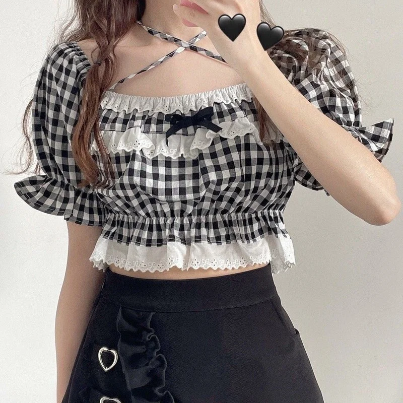 

Sweet Lolita Plaid Shirt Women Cute Bow Lace Patchwork Halter Puff Shor Sleeve Kawaii Blouse Japanese Girls Casual Slim Crop Top