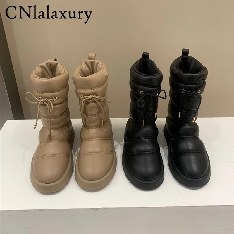 

CNlalaxury осень-зима 2023 женские черные ботинки с круглым носком из овечьей кожи зимние ботинки для отдыха толстые ботинки на плоской подошве по...