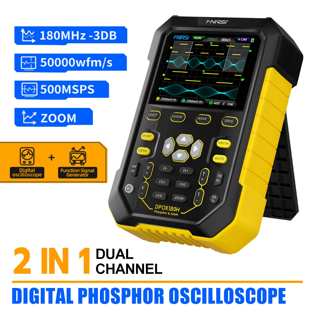 

FNIRSI DPOX180H Handheld Phosphor Digital Oscilloscope 180MHz -3DB 50000wfms/s Dual Channel 20Mhz Signal Generator ZOOM XY FFT